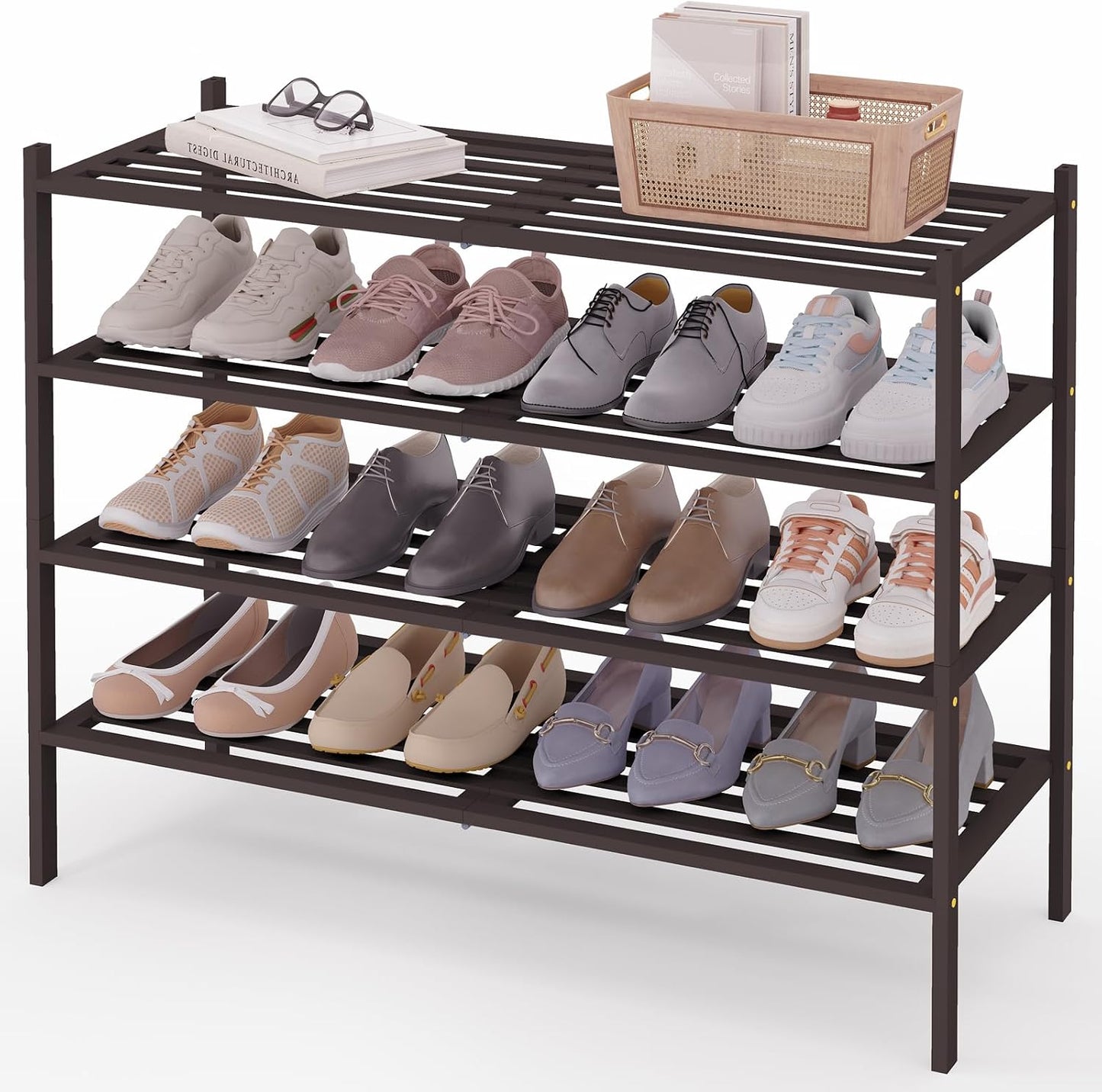 Smiry Bamboo Shoe Rack, 3 Tier Free Standing Wooden Shoe Organizer, Stackable Wood Shoe Storage Shelf for Closet, Entryway, 5 Horizontal Slats, 26.8"x11"x18.3", Natural