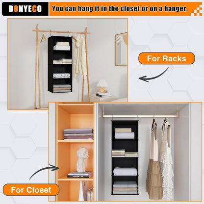 Hanging Closet Organizer 3-Shelf, Oxford Fabric Wardrobe Storage, Gray | Easy-mount foldable design holds clothes, handbags, shoes & accessories; washable Oxford fabric, sturdy and space-saving.