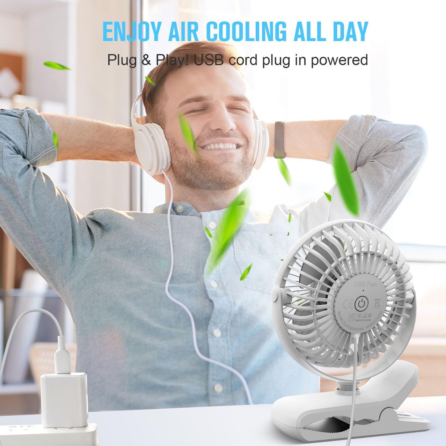 BESKAR Clip on Fan, Portable Small Desk Fans with Strong Airflow, 3 Speeds with Personal Fans Sturdy Clamp, Quiet Desk Fan & Clip Fan with USB Cord Powered - No Battery