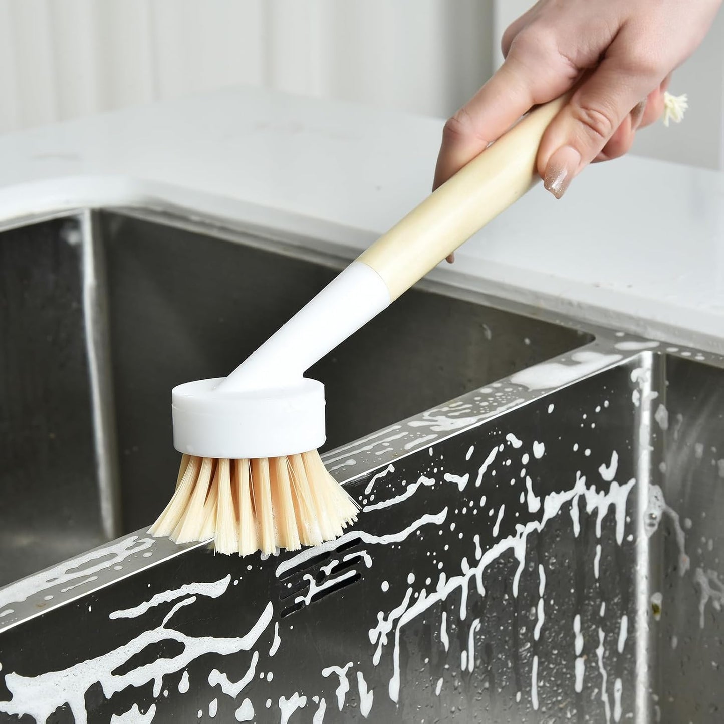 ALINK Dish Brush with Handle and 3 Replacement Heads, Pot and Pan Cleaning Scrub Brush for Kitchen, Sink, Stove, Cast Iron Scrubber
