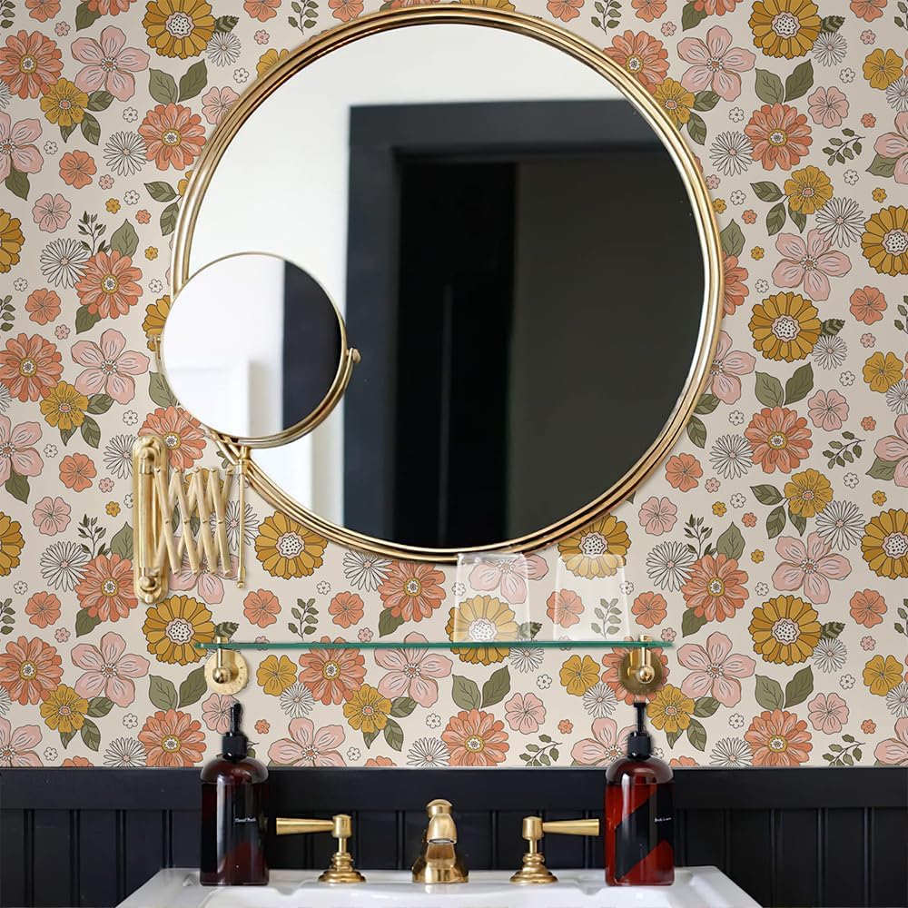 MuralPeel Dark Blue/Yellow Leaf Floral Peel and Stick Wallpaper Vintage Easy Peel Off Self Adhesive Removable Stick on Wall Paper for Kitchen Cabinet Renter Friendly