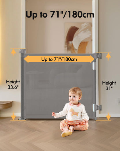 Retractable Baby Gate for Stairs & Doorways, 55" Wide x 33.6" Tall Easy Installation Mesh Dog Gate for Indoor & Outdoor Use,Pet and Dog Safety Gate for Hallways(Grey)