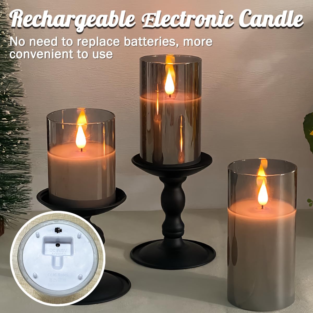 LEDHOLYT Rechargeable Flameless Glass Pillar Candles–Gifts for Women,–Set of 3, Realistic Flickering LED Light,Remote & Timer, Ideal for Living Room, Bedroom & Festival Wedding Home Party Decor