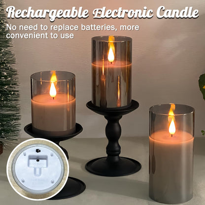 LEDHOLYT Rechargeable Flameless Glass Pillar Candles–Gifts for Women,–Set of 3, Realistic Flickering LED Light,Remote & Timer, Ideal for Living Room, Bedroom & Festival Wedding Home Party Decor