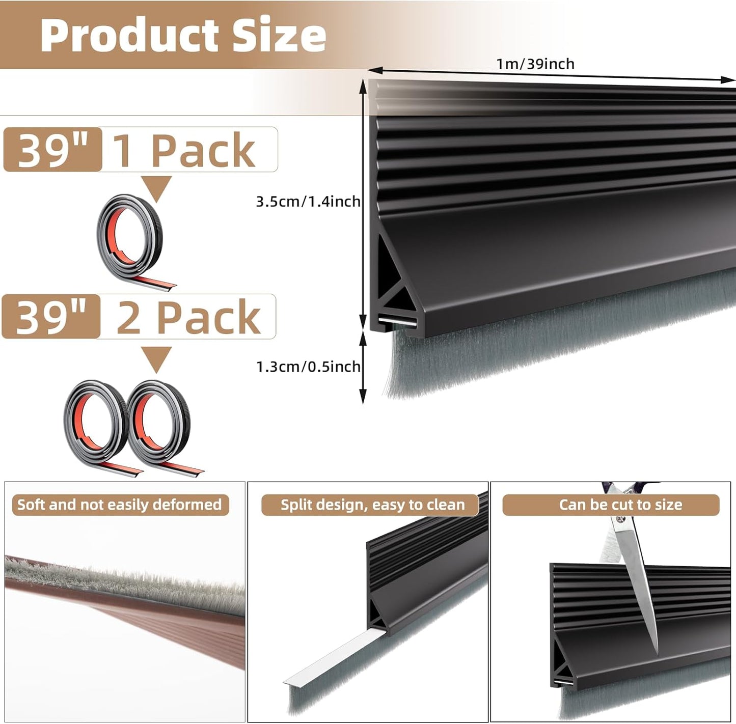 KNEELISA 39”X 1 Pack Rubber Door Sweep Bottom Exterior & Interior,Silicone Adhesive Under Door Draft Stopper with Brush,Gap Filler Noise Blocker,Soundproofing Seal Strip,White