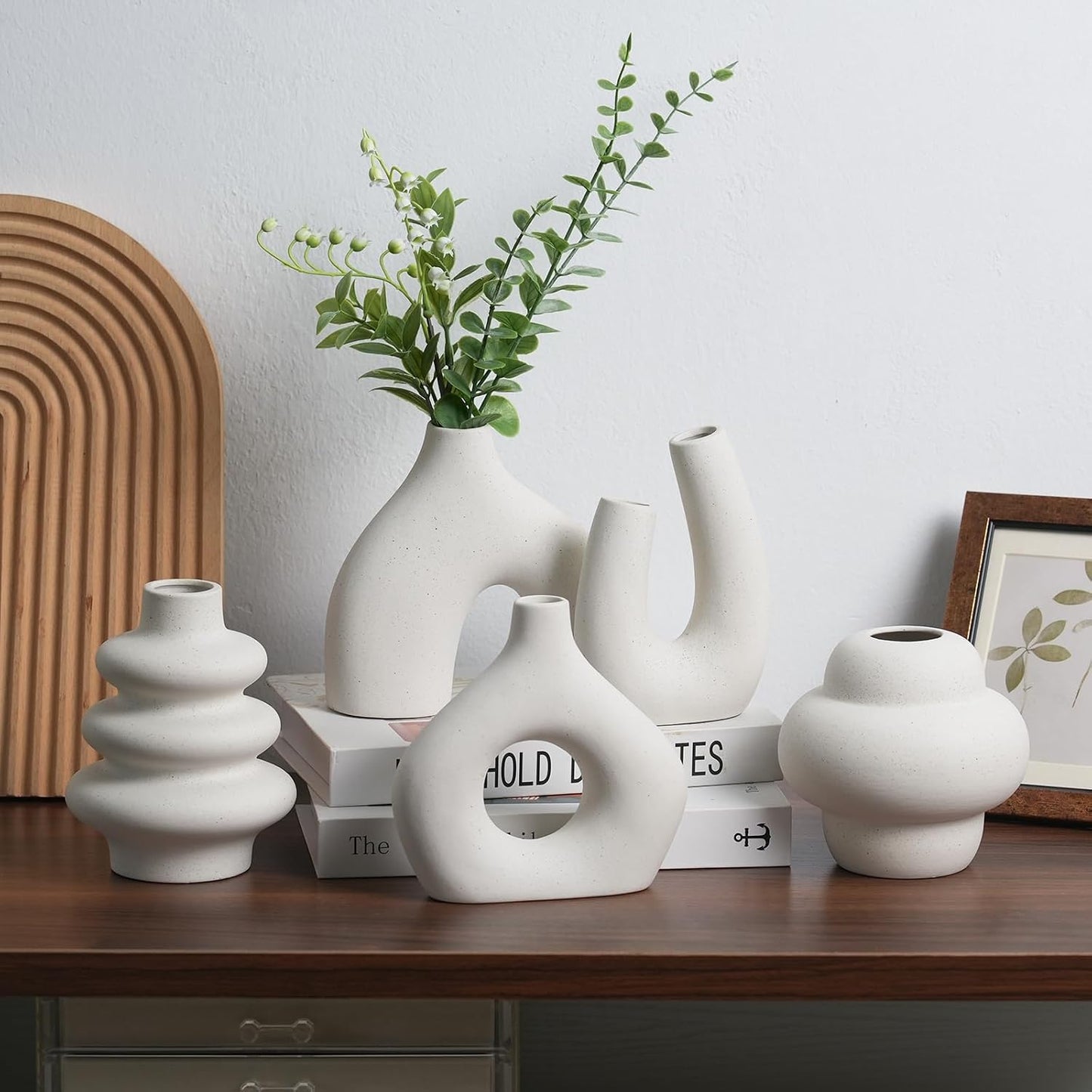 CUCUMI Ceramic Vase Set of 5, Home Decor Farmhouse Décor Handmade Pottery Vases for Pampas Grass, Dried Fresh Flowers, Table, Living Room, Kitchen, Shelf, Entryway Mantel Neutral Tones
