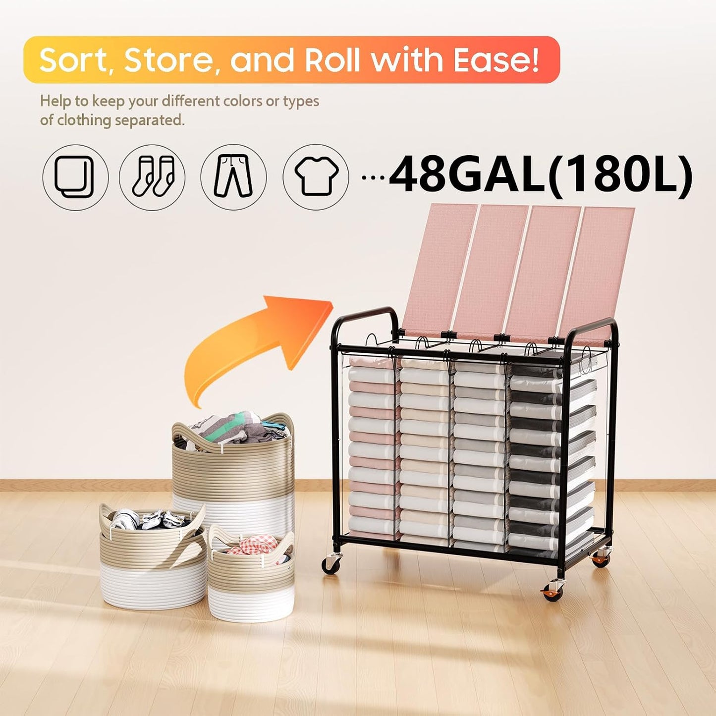 180L (47.55 Gal) Laundry Sorter 3 Section, Rolling Laundry Basket with Lockable Wheels and Lid, Laundry Hamper with 3 Separated Removable Bags Dirty Clothes Hamper for Laundry Room Organizer, Black