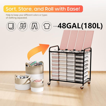180L (47.55 Gal) Laundry Sorter 3 Section, Rolling Laundry Basket with Lockable Wheels and Lid, Laundry Hamper with 3 Separated Removable Bags Dirty Clothes Hamper for Laundry Room Organizer, Black