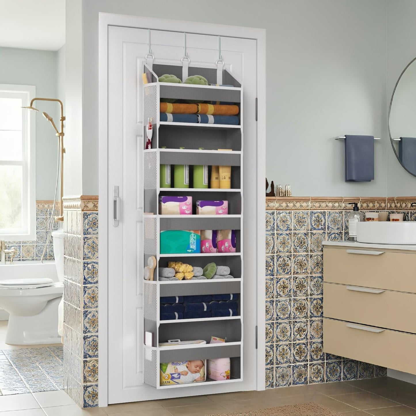 Over the Door Organizer with 5 Front & 10 MeshSide Pockets, 50LB Capacity Extra Large Nursery & Bathroom Hanging Storage Organizer Multi-Room Space-Saving Designwith 3 Hook for Kitchen, Pantry,Grey