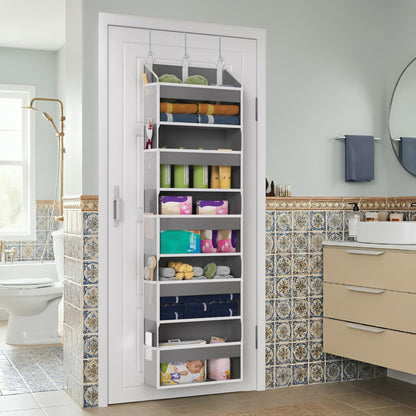 Over the Door Organizer with 5 Front & 10 MeshSide Pockets, 50LB Capacity Extra Large Nursery & Bathroom Hanging Storage Organizer Multi-Room Space-Saving Designwith 3 Hook for Kitchen, Pantry,Grey