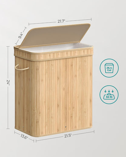 SONGMICS Laundry Hamper with Lid, Bamboo Launry Basket with Handles, Foldable Storage Basket for Laundry Room, Bedroom, 100L, Brown ULCB063K02