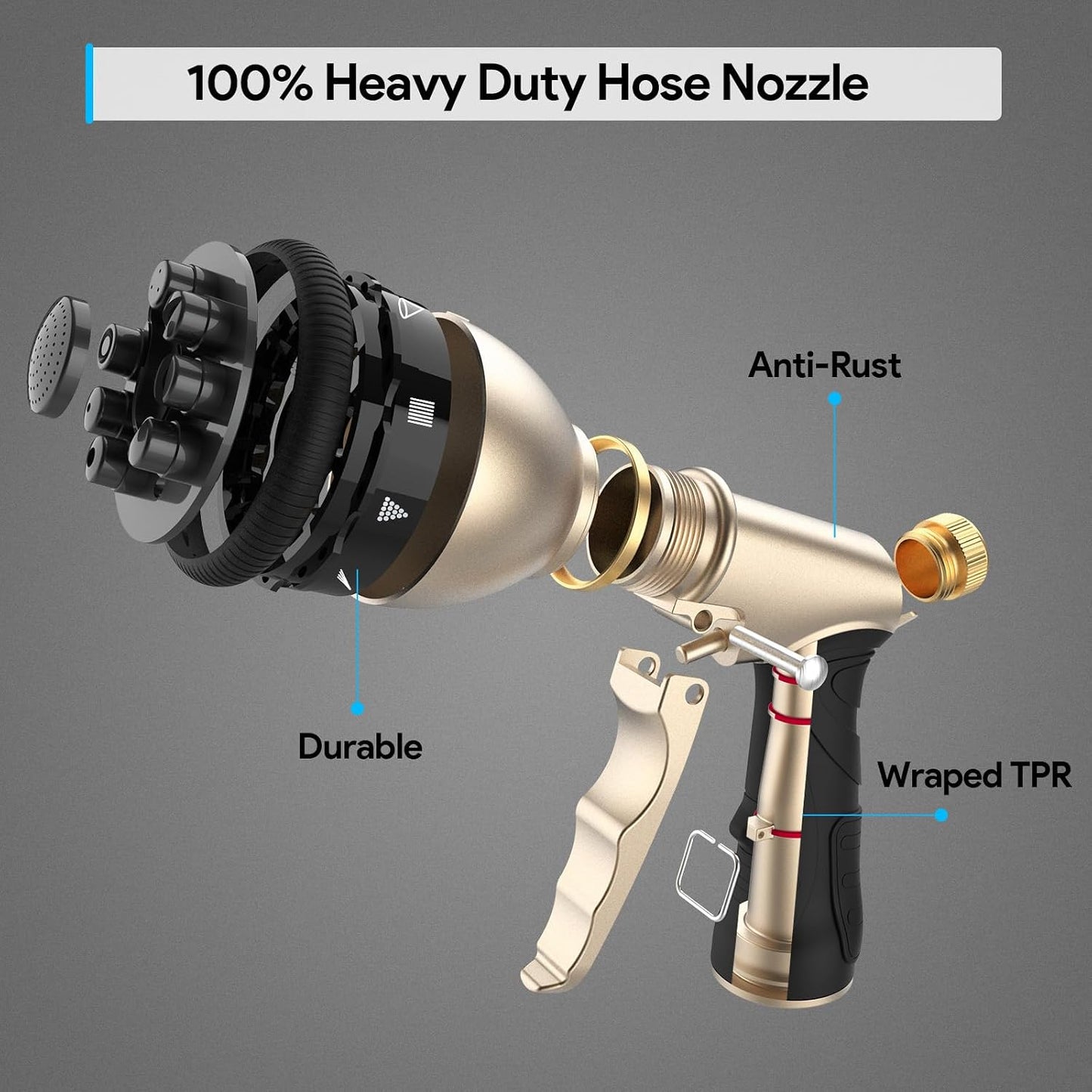 Garden Hose Nozzle, Heavy Duty Metal Spray Nozzle | Upgraded, High Pressure, Adjustable Spray Patterns, For Watering Plants, Car Washing, Pet Showering