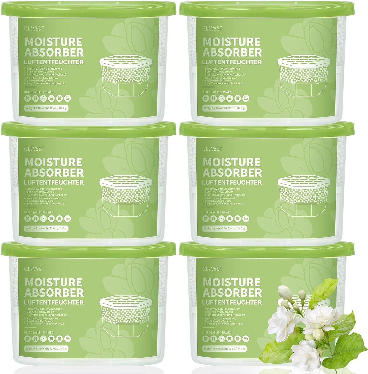 CLEVAST Moisture Absorber Boxes 6 Pack, 10 Oz Dehumidifier for Closet & Bathroom, Humidity Absorber for Wardrobe, Bedroom, RV & Car, Fragrance-Free Moisture Control, Unscented