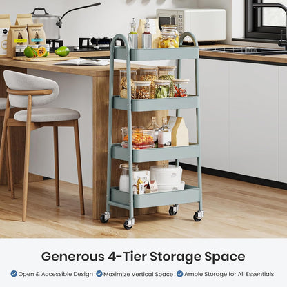 DUMOS 3 Tiers Rolling Cart, Utility Cart, Metal, White | Mobile Storage, Lockable Wheels, Utility Shelving Unit, Kitchen, Bathroom, Laundry, Narrow Places