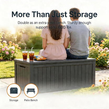 MAKINO 152 Gallon Resin Outdoor Storage Box, Waterproof Deck Box with Lockable Lid, Outside Storage Box for Patio Furniture, Pool Accessories, Garden Tools, Storage Bench for Backyard, Porch, Black