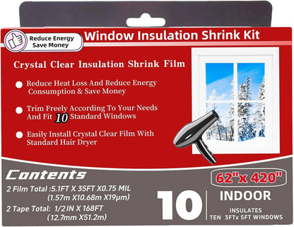 10-Window Shrink Film Window Insulation kit（62-Inch x 420-Inch），Insulating Film Window Kit Keeps Cold Air Out and Warm Air in (10 Windows)