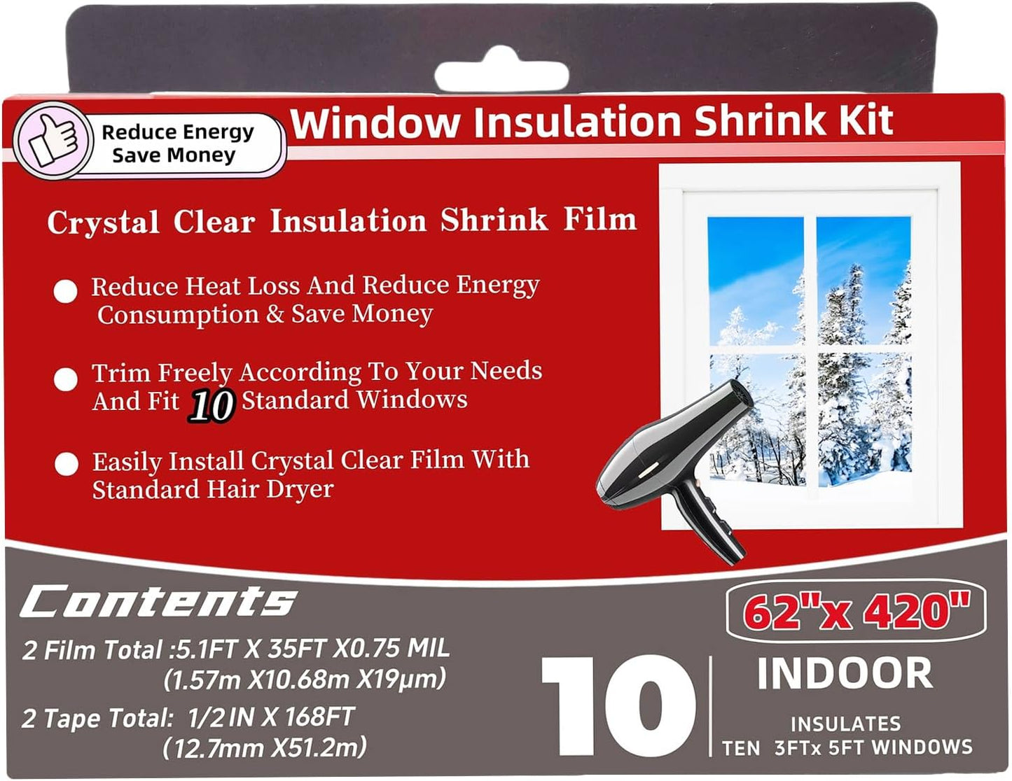 Insulating Film Window Kit to Keep Cold Out Window Shrink Film Insulator Kit (5 Windows)