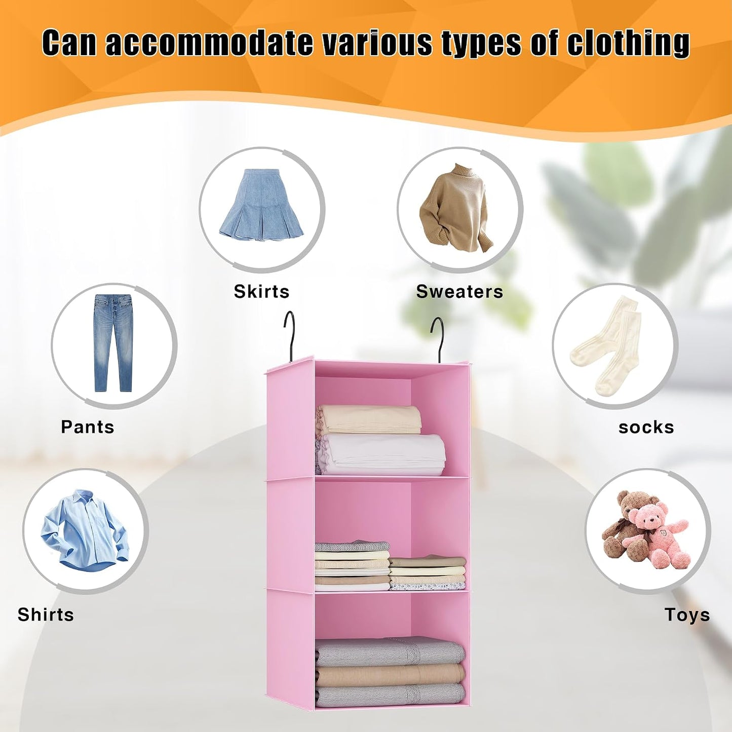 Hanging Closet Organizer 3-Shelf, Oxford Fabric Wardrobe Storage, Gray | Easy-mount foldable design holds clothes, handbags, shoes & accessories; washable Oxford fabric, sturdy and space-saving.