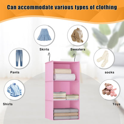 Hanging Closet Organizer 3-Shelf, Oxford Fabric Wardrobe Storage, Gray | Easy-mount foldable design holds clothes, handbags, shoes & accessories; washable Oxford fabric, sturdy and space-saving.
