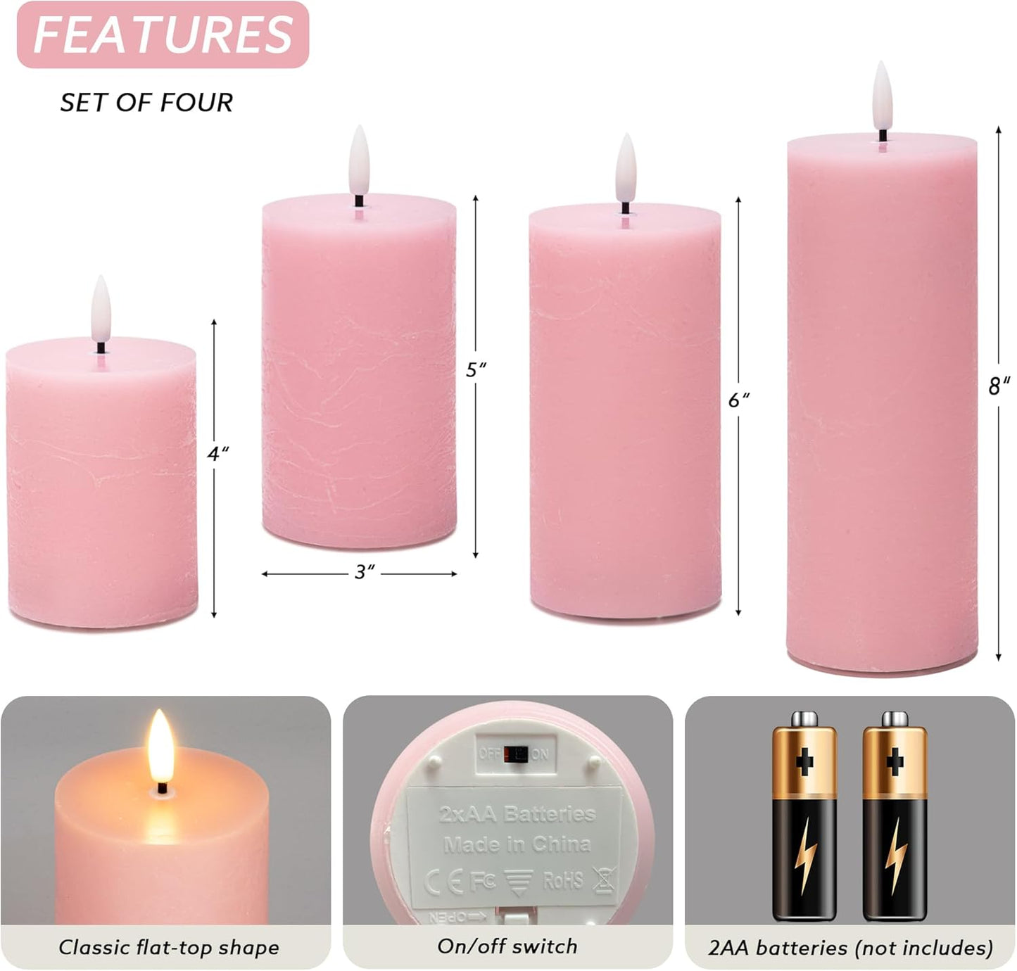 Flickering Flameless Candles, Real Wax Battery Operated Candles with Remote, Flat Top Led Flameless Pillar Candles for Home, Wedding, Party Decor, Set of 4, Φ 3" H 4" 5" 6" 8", Ivory