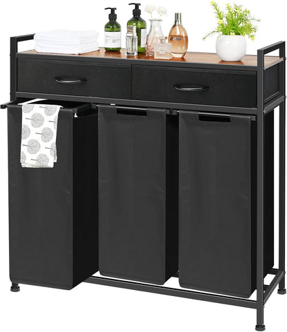 Laundry Hamper 3 Section, 150L Rolling Laundry Sorter Basket with 2 Shelves and 2 Drawers, 3 Compartment Clothes Organizer Cart with Wheels, Pull-Out Bags for Laundry Room, Bathroom, Bedroom