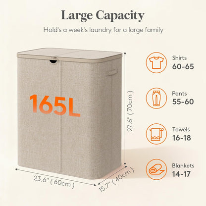 Lifewit 185L 3 Section Laundry Hamper with Lid, Large Laundry Basket with Handles and Removable Bags, Tall Clothes Hamper, Foldable Laundry Sorter for Bedroom Bathroom, Beige