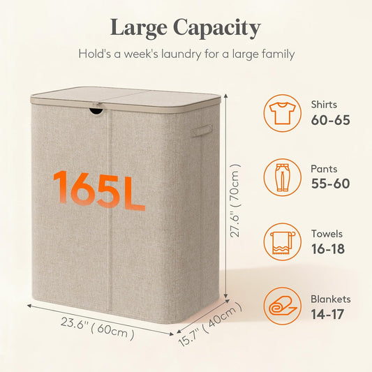 Lifewit 185L 3 Section Laundry Hamper with Lid, Large Laundry Basket with Handles and Removable Bags, Tall Clothes Hamper, Foldable Laundry Sorter for Bedroom Bathroom, Beige