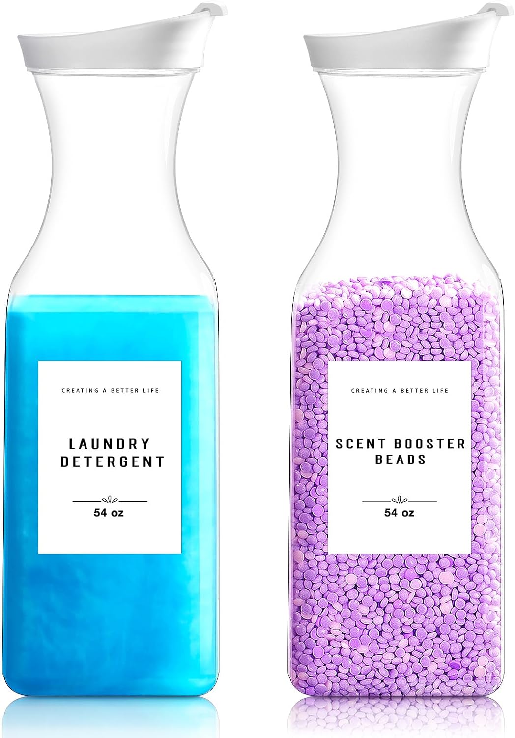 Laundry Detergent Dispenser Bottle 40oz with Waterproof Label for Laundry Detergent Soap Fabric Softener Bleach Scent Booster Beads, Sturdy PET Bottle for Laundry Room Decor 2 Pack White