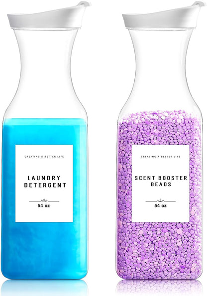 Laundry Detergent Dispenser Bottle 40oz with Waterproof Label for Laundry Detergent Soap Fabric Softener Bleach Scent Booster Beads, Sturdy PET Bottle for Laundry Room Decor 2 Pack White