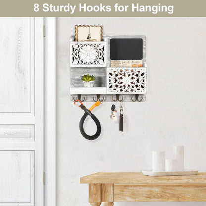 Mail Organizer Wall Mounted, 2 Slots Key Holder for Wall with 8 Hooks, Rustic Wood Key Rack with Shelf for Entryway Hallwall Farmhouse