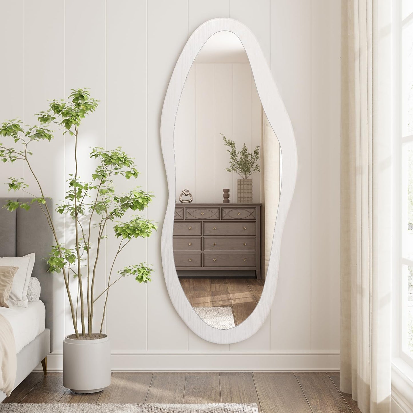 AAZZKANG Irregular Wall Mirror Full Length Black Wood Framed Large | 47"x20" Asymmetrical Full Body Mirrors for Bedroom Living Room Entryway