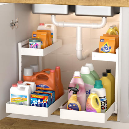 Under Sink Organizer, Bathroom Counter Organizer, 2 Packs 2-Tier Metal, Under Cabinet Storage, Makeup Storage, Adjustable Height & Slide-Out Drawer for Kitchen Bathroom, White