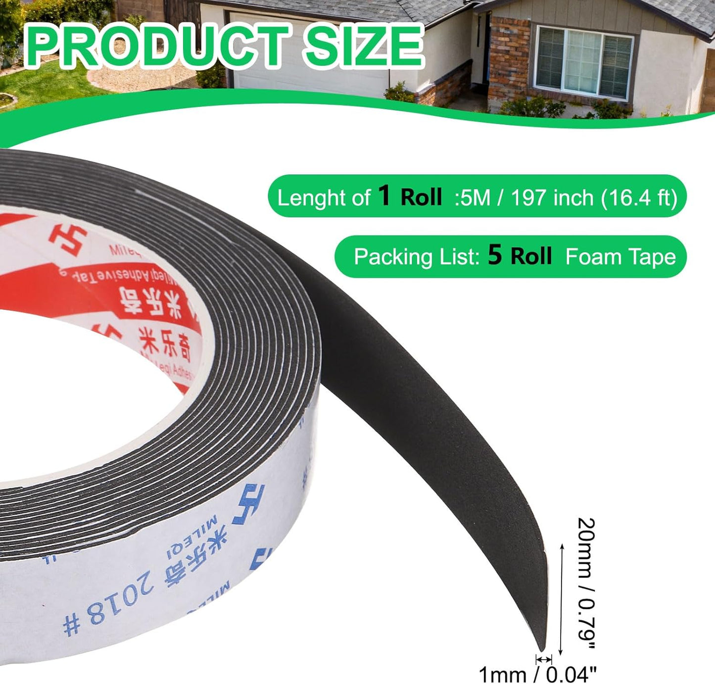 PATIKIL Sponge Rubber Foam Tape, 5/8" W x 1/8" t x 16.4ft l Self-Adhesive Foam Insulation Tape Weather Stripping for Window Door Soundproofing Weatherstrip AC Seal Strip, Black