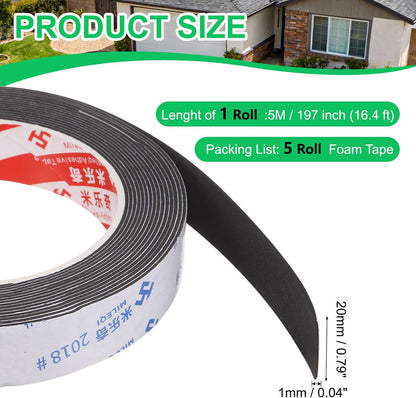 PATIKIL Sponge Rubber Foam Tape, 5/8" W x 1/8" t x 16.4ft l Self-Adhesive Foam Insulation Tape Weather Stripping for Window Door Soundproofing Weatherstrip AC Seal Strip, Black