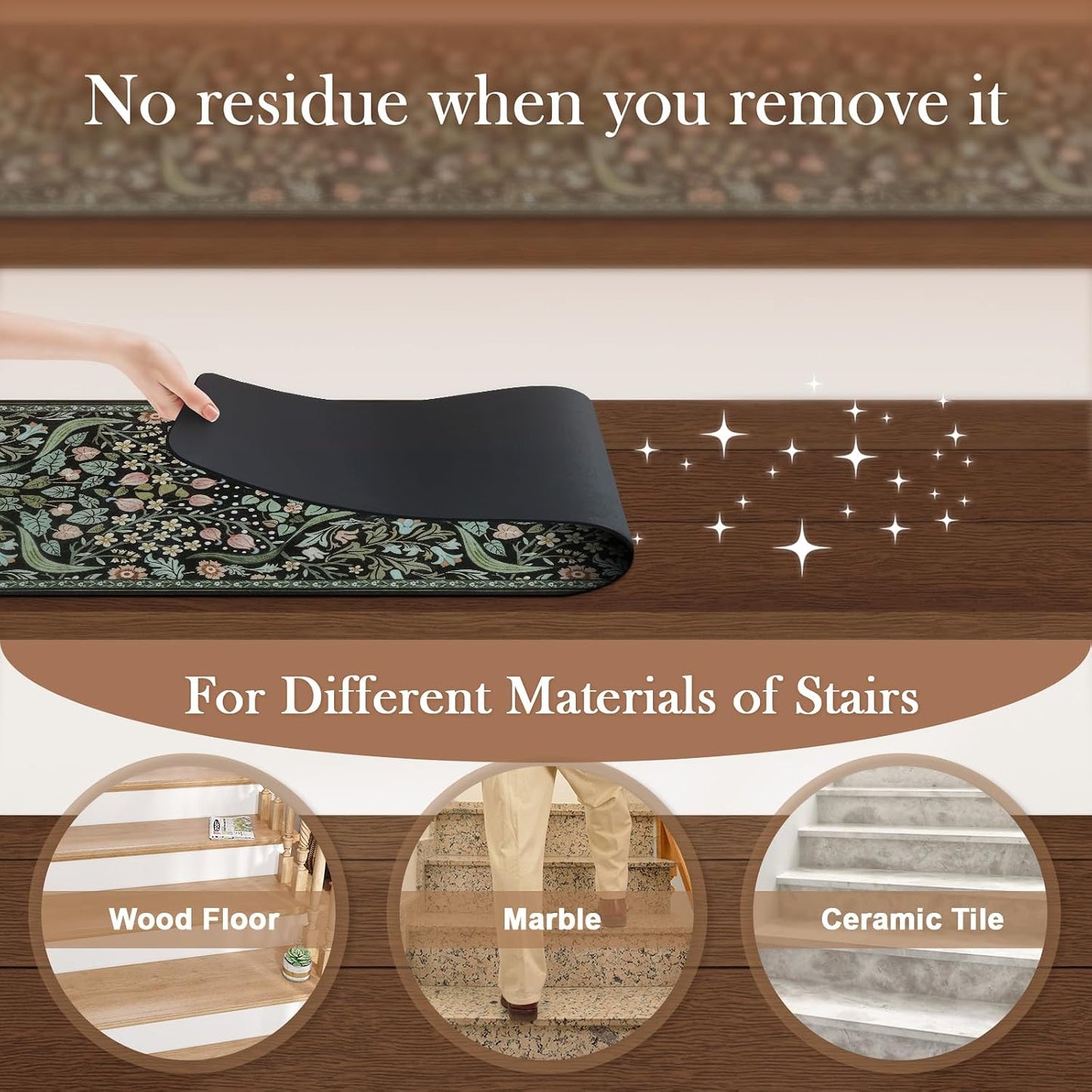 OJIA Floral Stair Treads Non-Slip Stair Runner for Wooden Steps Indoor 15PCS 30"x8" Carpet Stair Treads Stair Mats Staircase Step Treads for Kids, Elders and Dogs, Stair Covers, Black