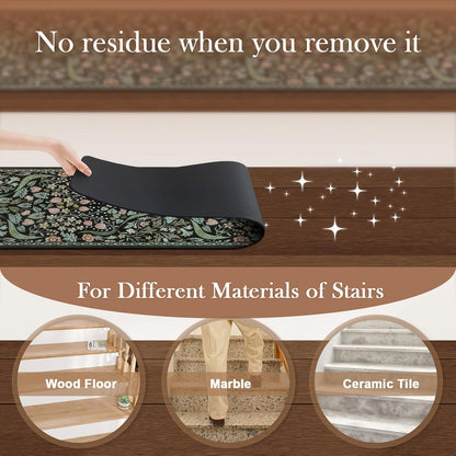 OJIA Floral Stair Treads Non-Slip Stair Runner for Wooden Steps Indoor 15PCS 30"x8" Carpet Stair Treads Stair Mats Staircase Step Treads for Kids, Elders and Dogs, Stair Covers, Black