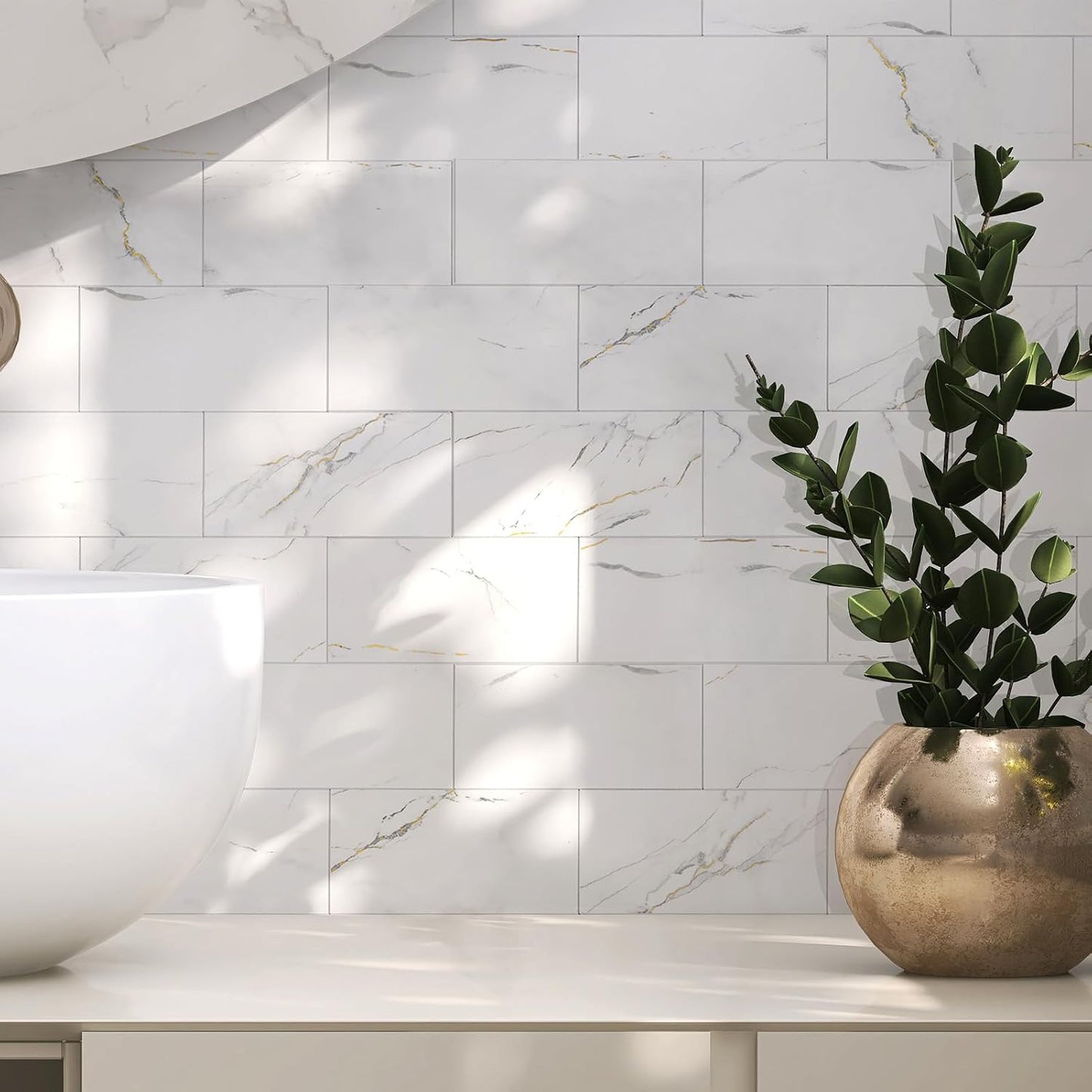 10- Sheet Polished White Peel and Stick Backsplash, 12’’Luxury PVC Ceramic Look Self Stick Subway Tiles, Waterproof Peel and Stick Wall Tiles for Kitchen and Bathrrom