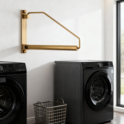 NEWRAIN Folding Wall Mounted Clothes Hanger Rack Clothes Hook Solid Brass with Swing Arm Holder Clothing Hanging System Closet Storage Organizer Heavy Duty Drying Rack Wall Mount,Brushed Gold