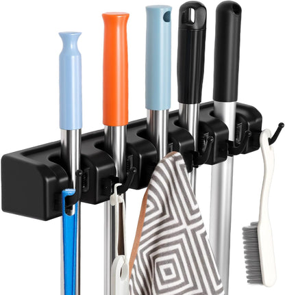 InPoTo Broom and Mop Holder, Wall Mounted Organizer Mop and Broom Storage Tool Rack with 5 Ball Slots and 6 Hooks (1Pack)