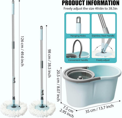 Spin Mop and Bucket with Wringer Set, 360° Spinning Mop Bucket System with 3 Microfiber Mop Replacement Heads, Adjustable Handle for Floor Cleaning (Green)