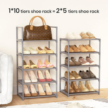 Narrow Shoe Rack 10 Tiers Tall Shoe Rack for Entryway Closet 20 24 Pairs Shoe & Boots Organizer Storage Shelf Durable Black Metal Stackable Shoe Cabinet with Hooks, 17.1D x 11.8W x 78.7H in