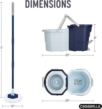 Casabella Spin Mop System with Extra Mop Head Refill - Two-Bucket Design with Splash Guard Built-in Measuring Cup and Scraper Tool with Easy Wring Pedal Spinner, 1.25-Gallon, Blue