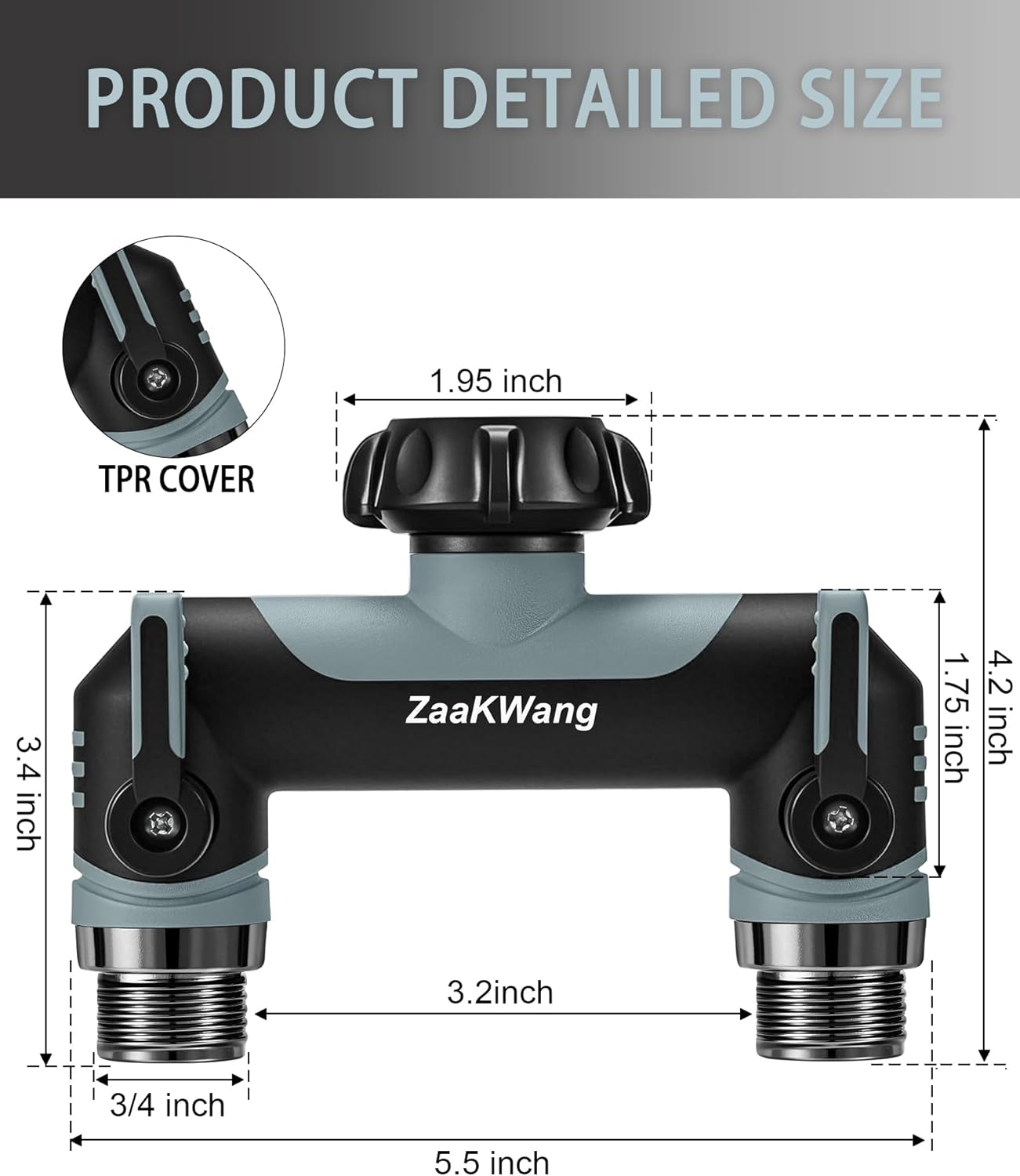 Garden Hose Splitter 2 Way, Heavy Duty Water Hose Spigot Bib Splitter, Outdoor Faucet Splitter with Shutoff Valve, T Adapter Connector with 3/4 - Inch GHT Thread (Grey)