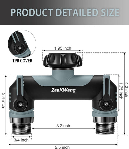 Garden Hose Splitter 2 Way, Heavy Duty Water Hose Spigot Bib Splitter, Outdoor Faucet Splitter with Shutoff Valve, T Adapter Connector with 3/4 - Inch GHT Thread (Grey)