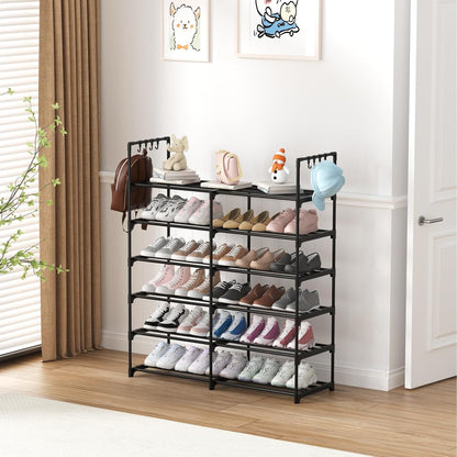 3 Row 4 Tier Long Shoe Rack, Black Metal Stackable Shoe Shelf with Multifunctional Hooks, Shoe Storage Hold 24-30 Pairs, Space Saving Shoe Organizer for Closet,Wide Shoe Rack