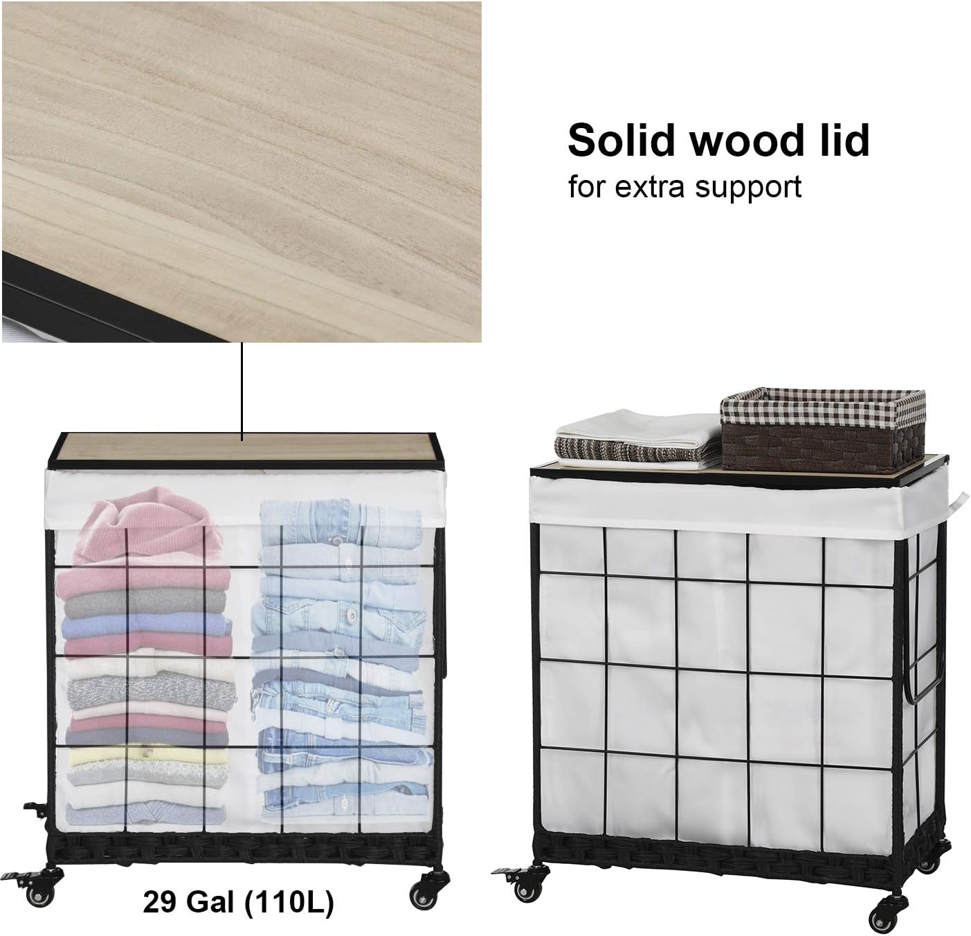 Laundry Hamper with Heavy Duty Caster Wheels; 3 Sections Clothes Hamper with Lid; 132L Laundry Basket with Removable Liner Bag; Laundry Sorter with Metal Handle (White)
