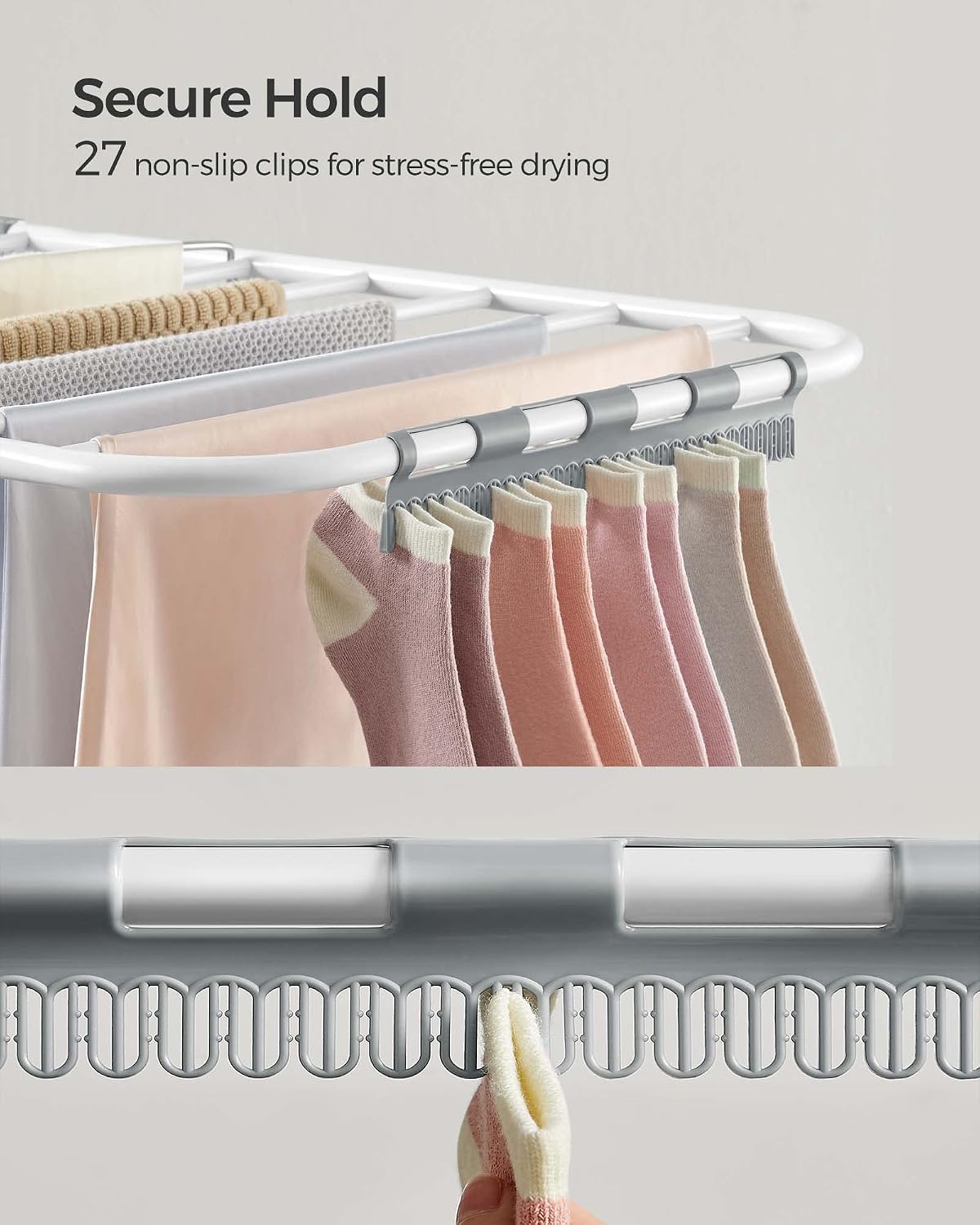 SONGMICS Clothes Drying Rack, with Sock Clips, Metal Laundry Rack, Foldable, Space-Saving, Free-Standing Airer, with 2 Height-Adjustable Gullwings, Indoor Outdoor Use, Gray ULLR052G01