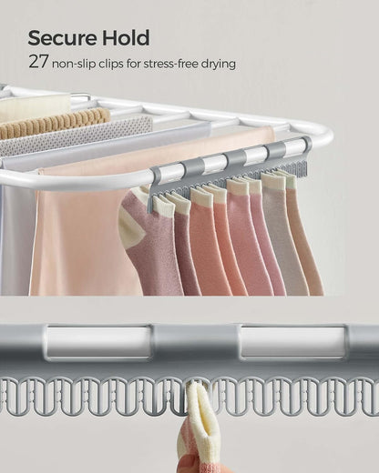 SONGMICS Clothes Drying Rack, with Sock Clips, Metal Laundry Rack, Foldable, Space-Saving, Free-Standing Airer, with 2 Height-Adjustable Gullwings, Indoor Outdoor Use, Gray ULLR052G01