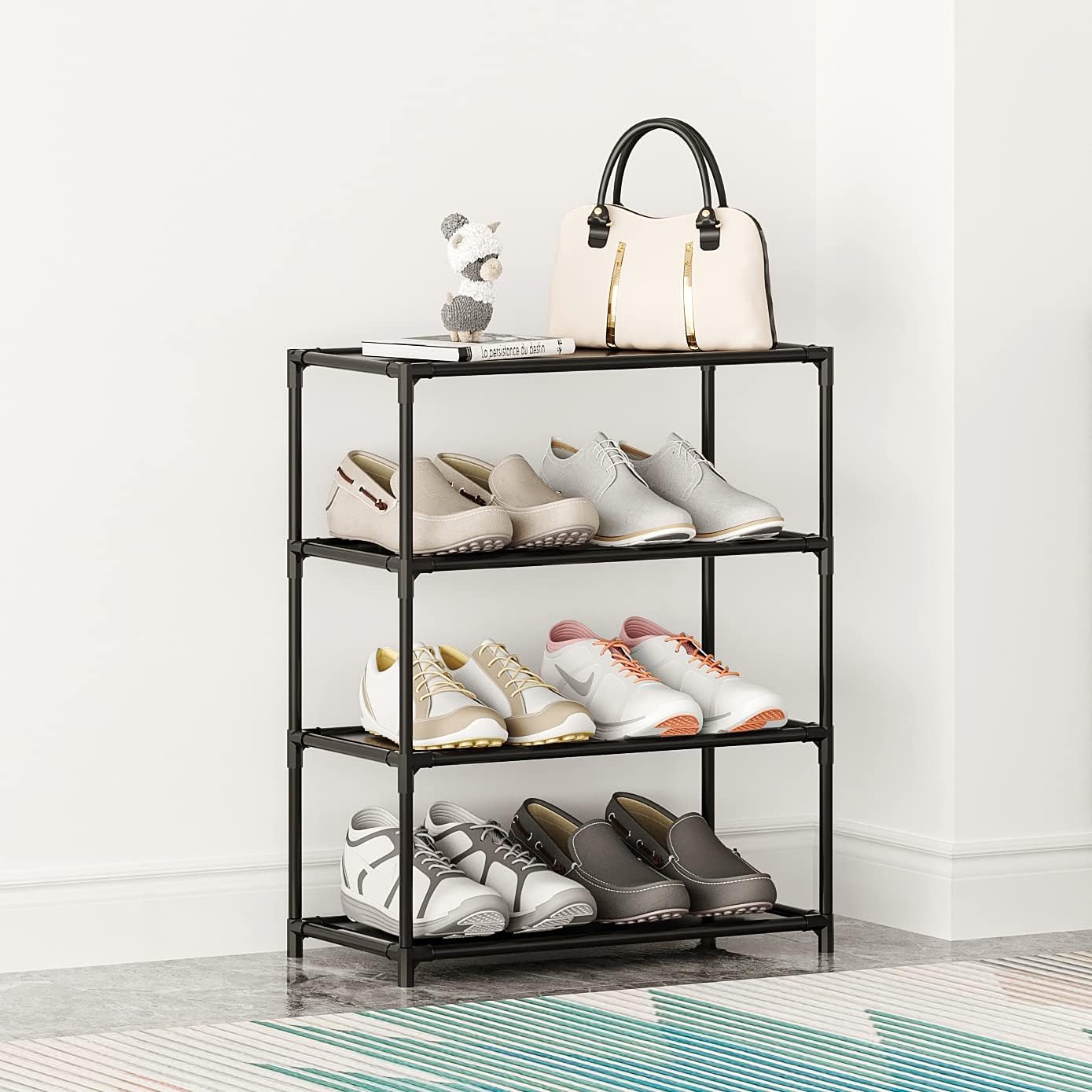 Small Shoe Rack 6-8 Pairs Sturdy Shoe Shelf 4-Tiers Narrow Stackable Shoe Organizer,Lightweight Kids Shoe Racks for Entryway, Doorway and Closet（Black）