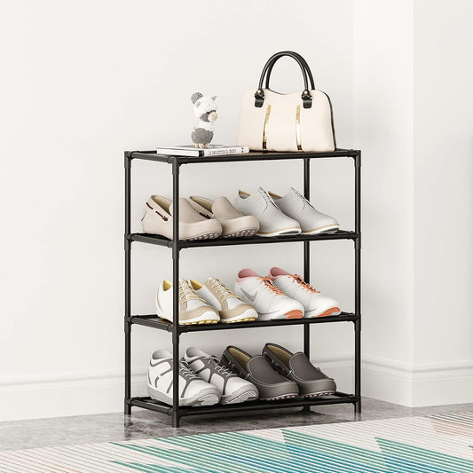 Small Shoe Rack 6-8 Pairs Sturdy Shoe Shelf 4-Tiers Narrow Stackable Shoe Organizer,Lightweight Kids Shoe Racks for Entryway, Doorway and Closet（Black）